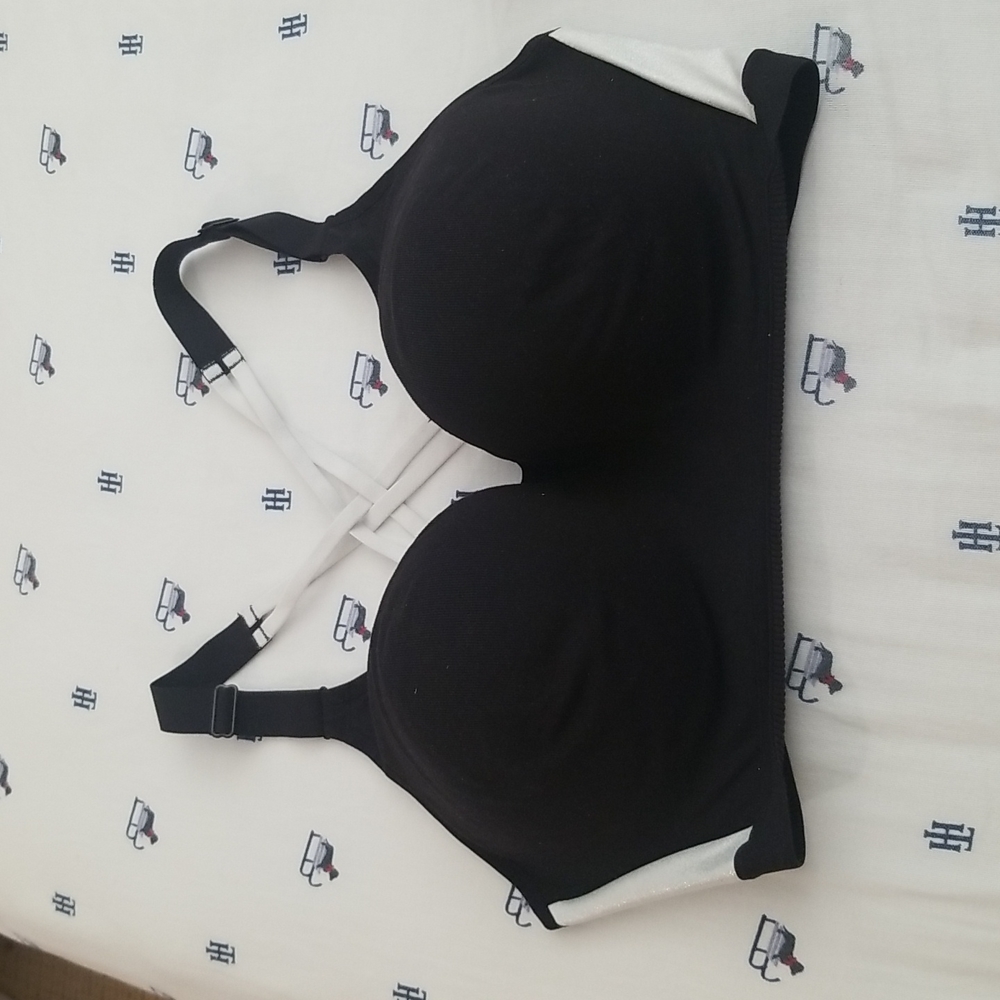 VSX Glitter shimmer strap sport bra sz 34DD black silver